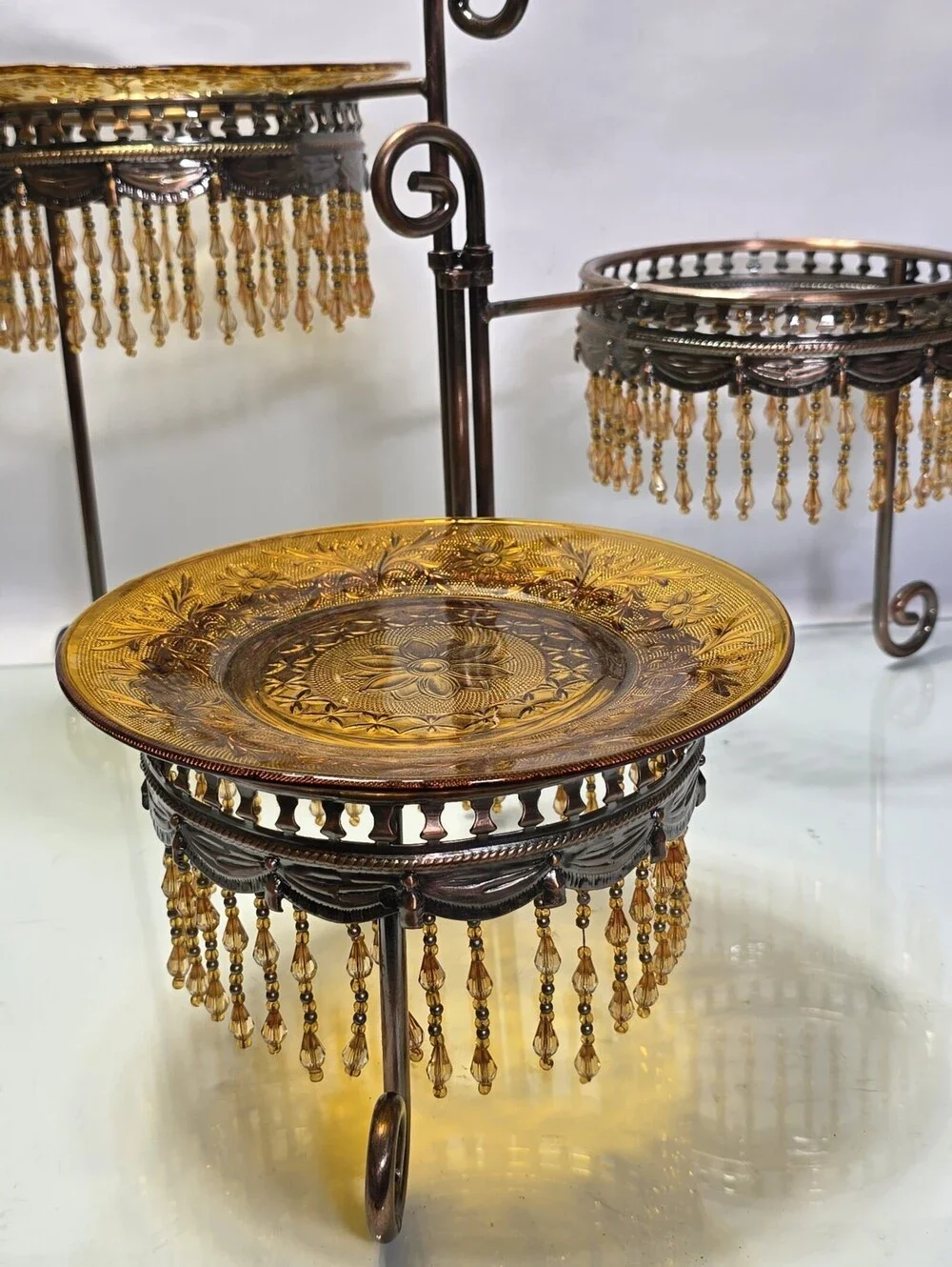 Vintage 3-Tier Metal Dessert Stand Amber Glass Plates Beaded Display Centerpiece